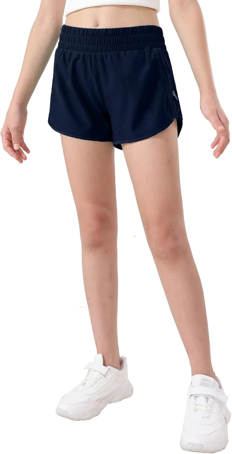 Aurefin Girls Athletic Shorts, Teen Kids Quick Dry Running Shorts with Zip Pocket Lightweight Track Workout Active shorts
