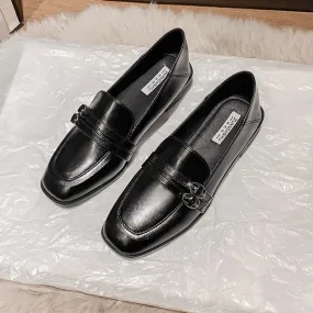 Black Fur Square Toe All-Match Leather Fall Casual Derby Oxfords Loafers