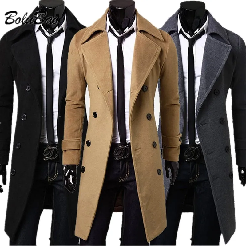 BOLUBAO Winter Casual Trench Coat Mid-Length British Slim Jacket Double-Breasted Solid Color Trench Coat