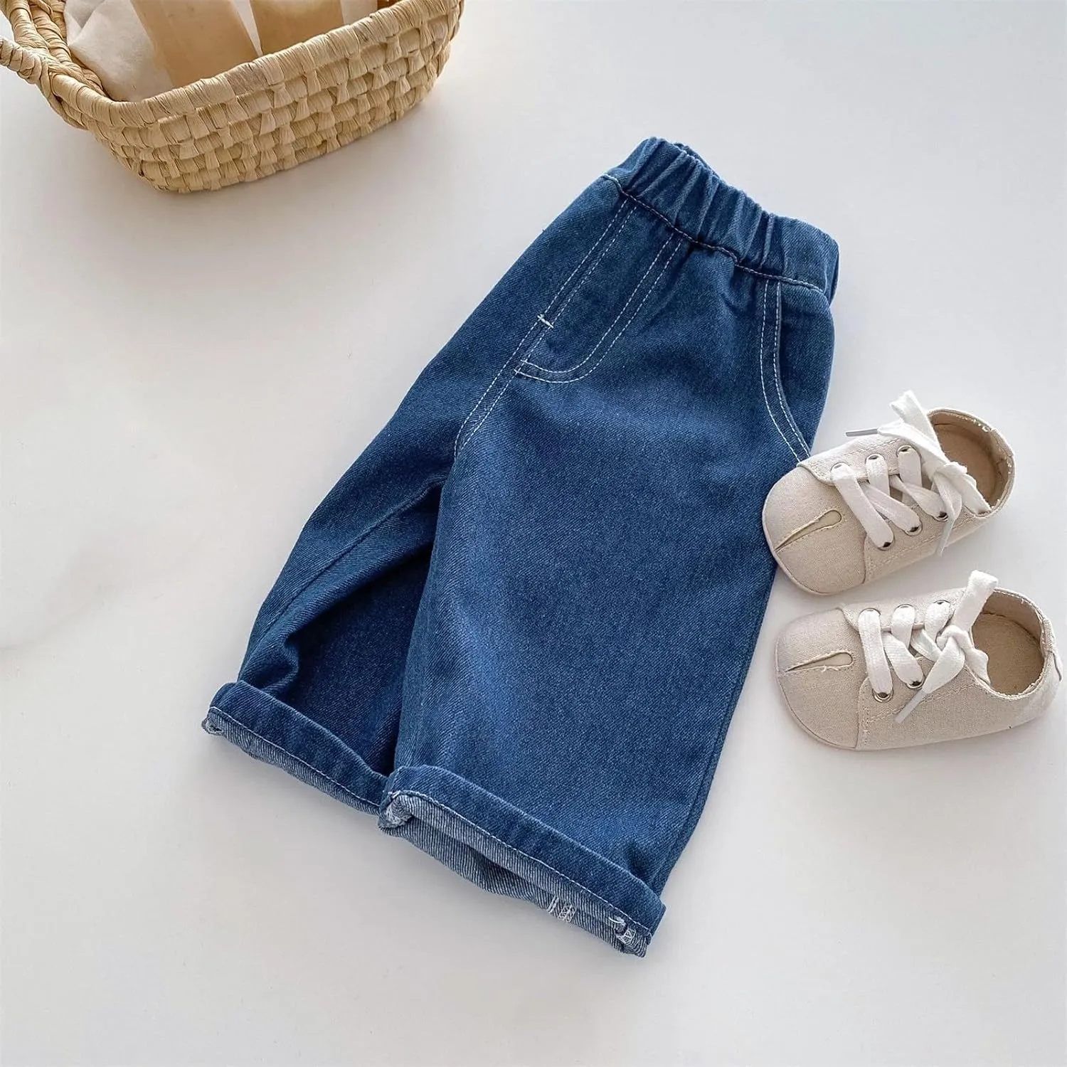 Boys Girl Relaxed Straight Fit Jeans Comfortable Stretchy Loose Fit Cotton Jeans with Pocket Cute Seven Points Jeans