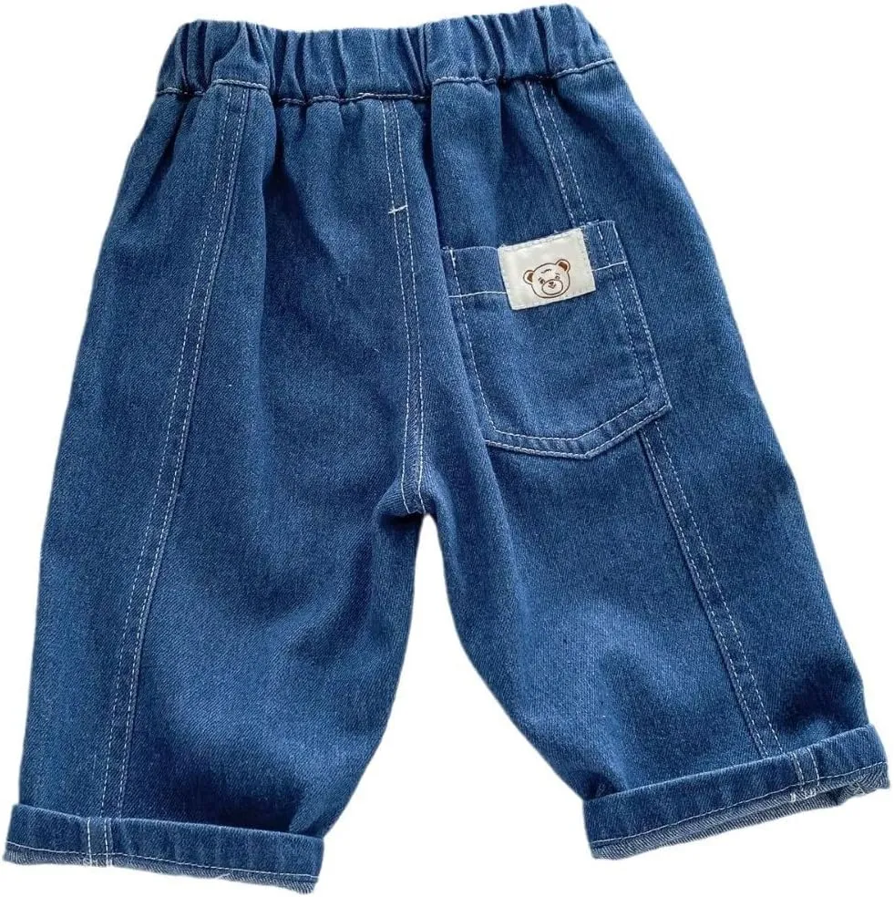 Boys Girl Relaxed Straight Fit Jeans Comfortable Stretchy Loose Fit Cotton Jeans with Pocket Cute Seven Points Jeans