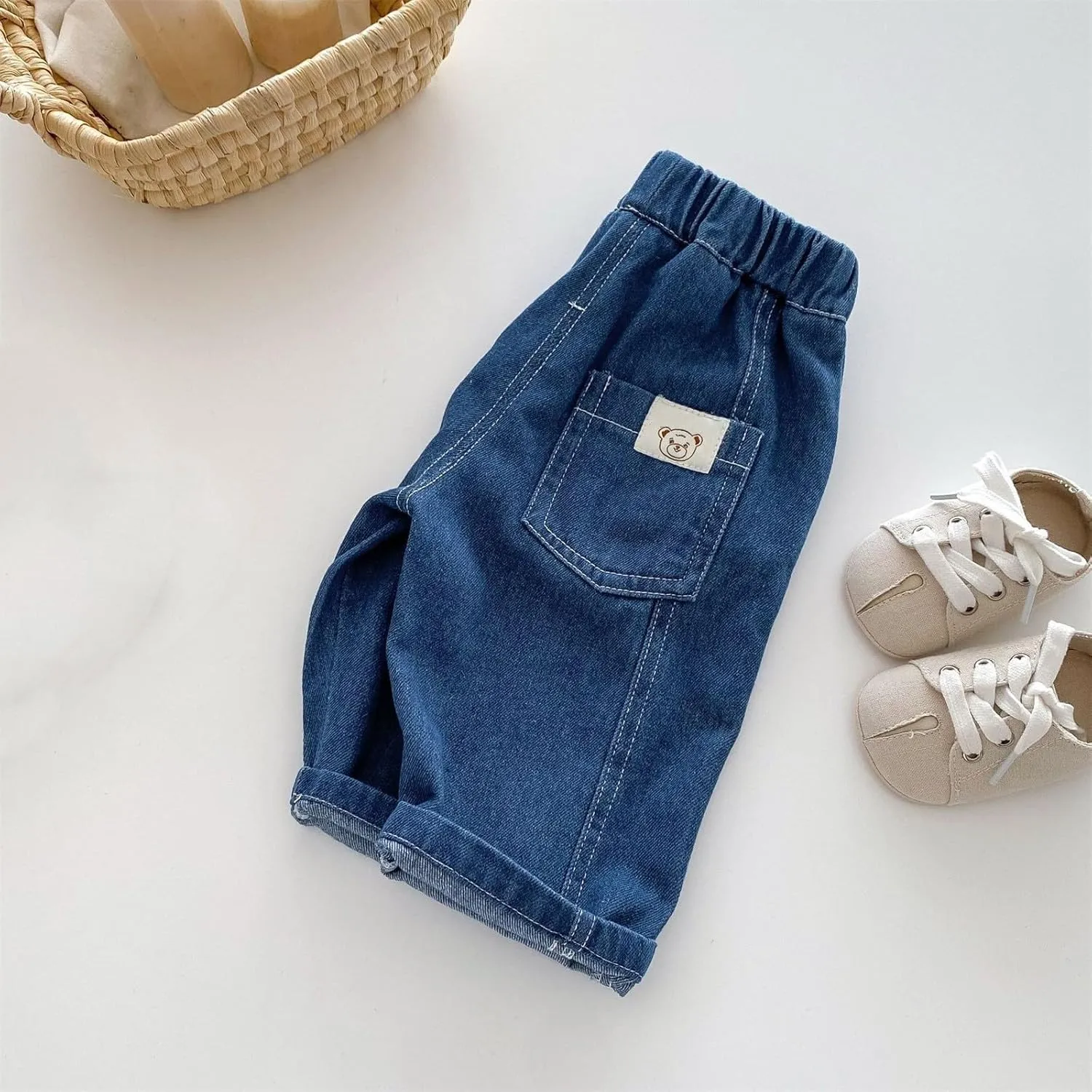 Boys Girl Relaxed Straight Fit Jeans Comfortable Stretchy Loose Fit Cotton Jeans with Pocket Cute Seven Points Jeans