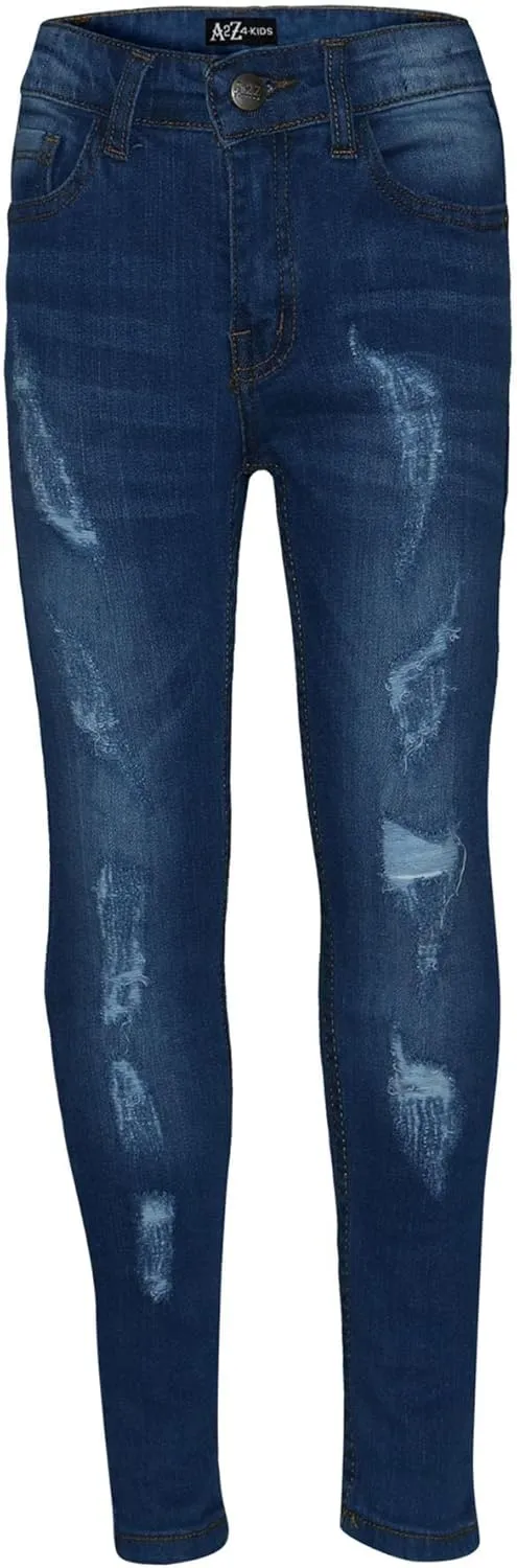 Boys Stretchy Jeans Kids Ripped Mid Blue Denim Skinny Pants Jeans Trousers 5-13Y
