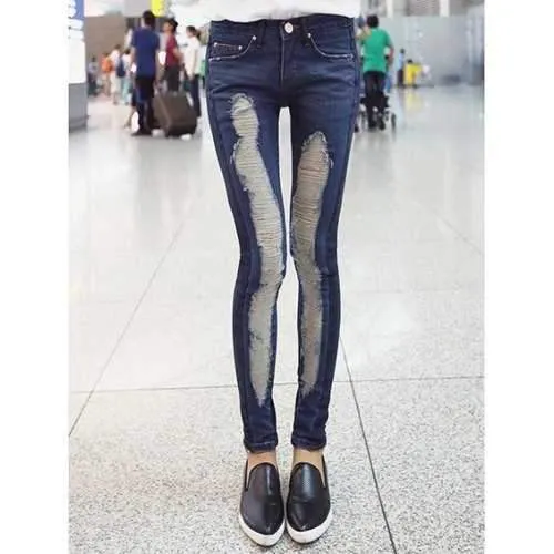 Broken Hole Stretchy Splicing Jeans - Denim Blue S