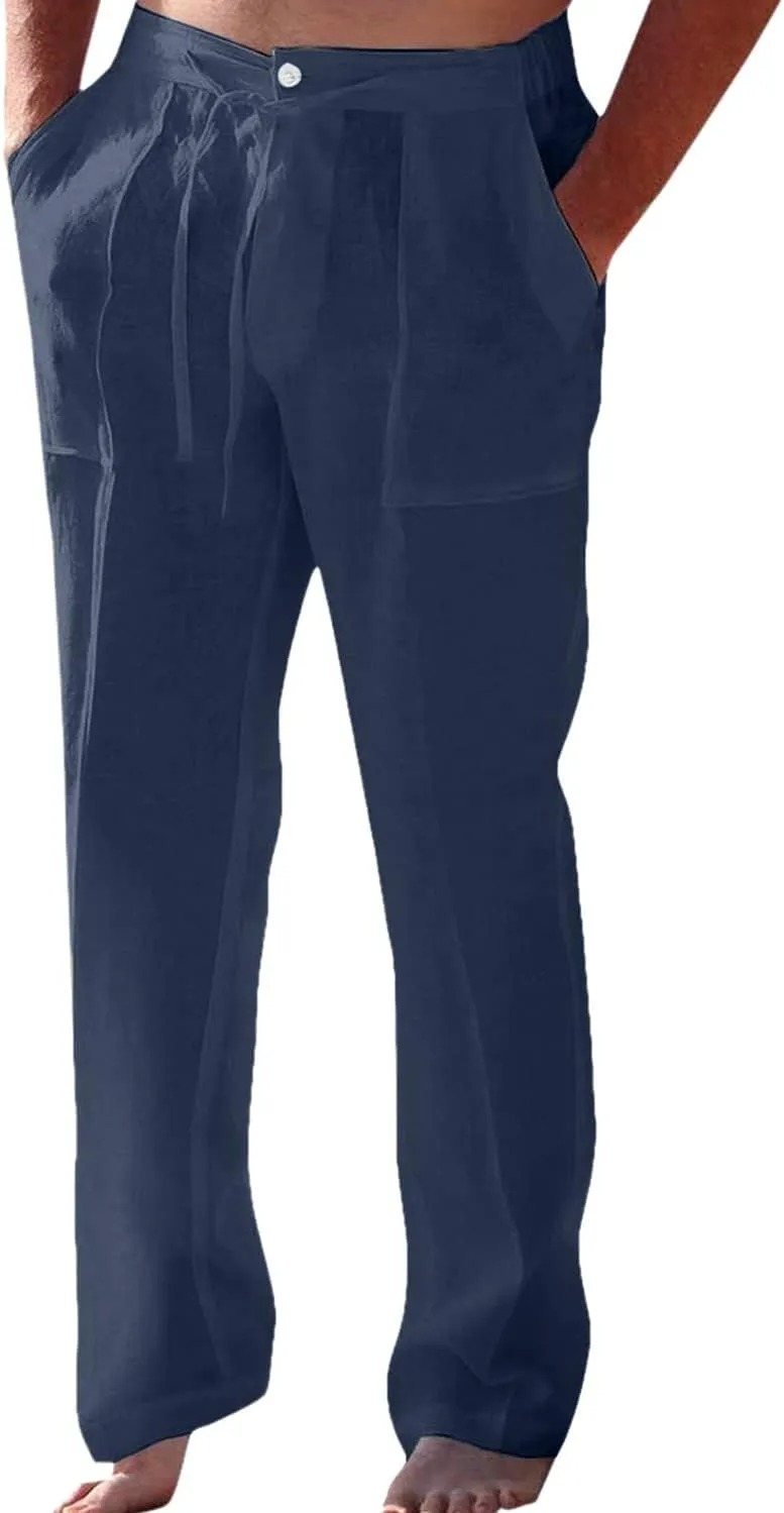 Casual Mens Linen Pants Lightweight Elastic Waist Straight-Legs Yoga Beach Trousers Classic Fit Bottom