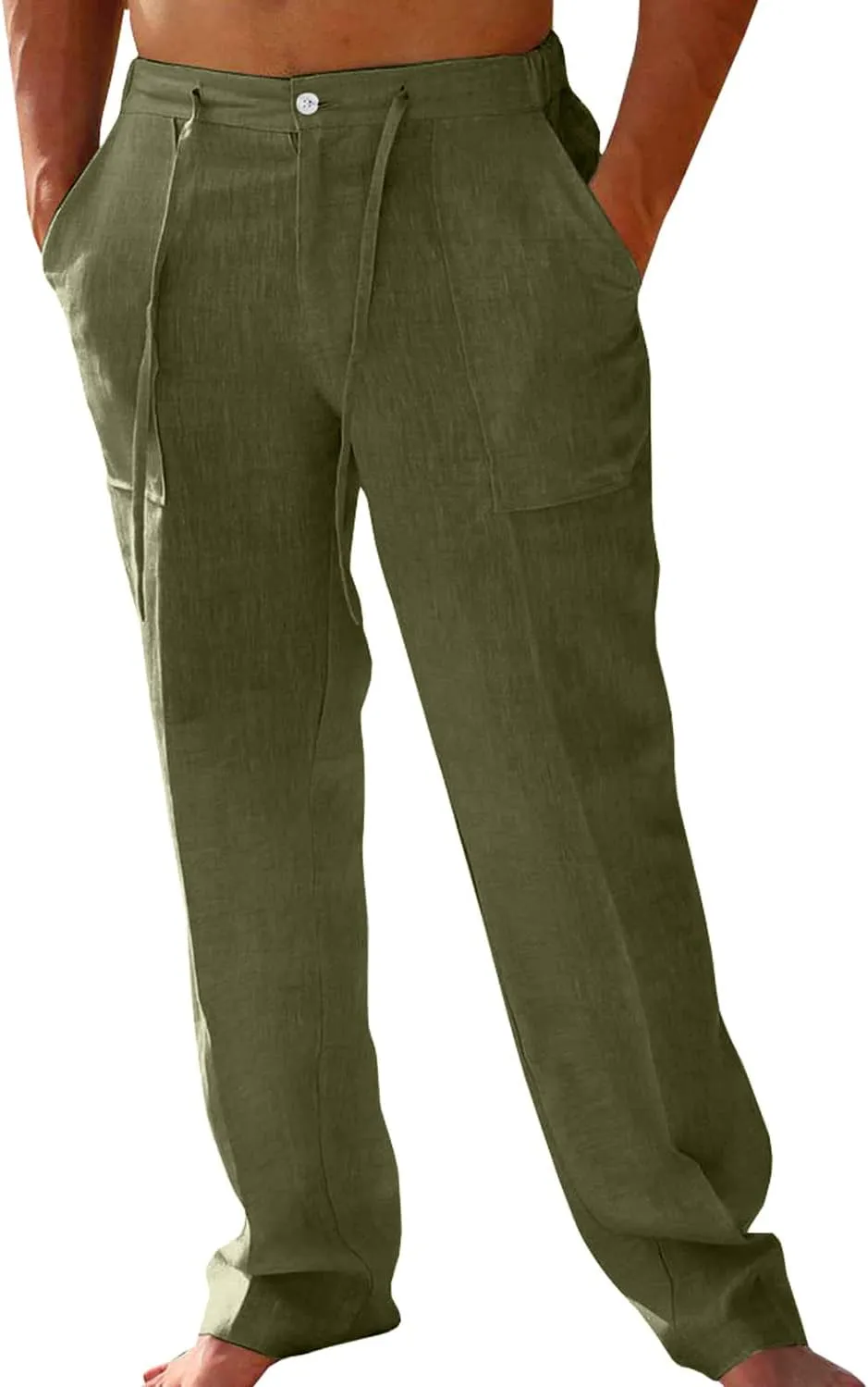 Casual Mens Linen Pants Lightweight Elastic Waist Straight-Legs Yoga Beach Trousers Classic Fit Bottom
