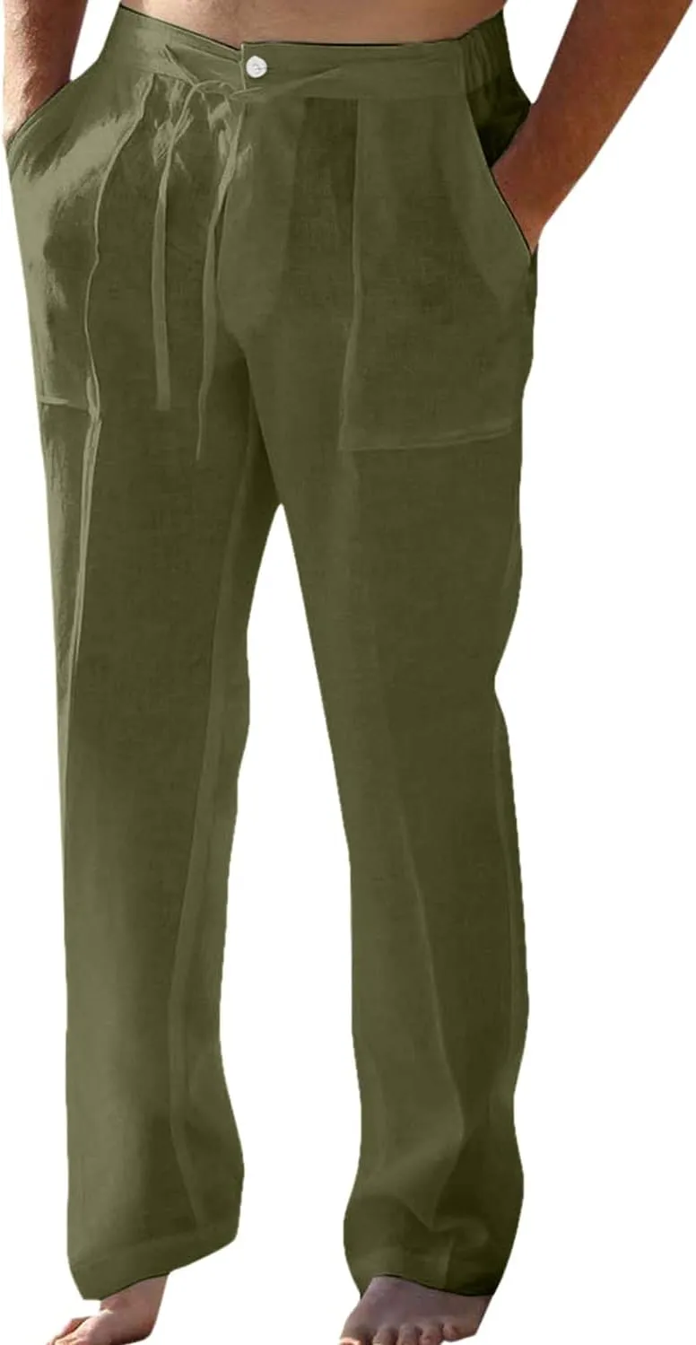 Casual Mens Linen Pants Lightweight Elastic Waist Straight-Legs Yoga Beach Trousers Classic Fit Bottom