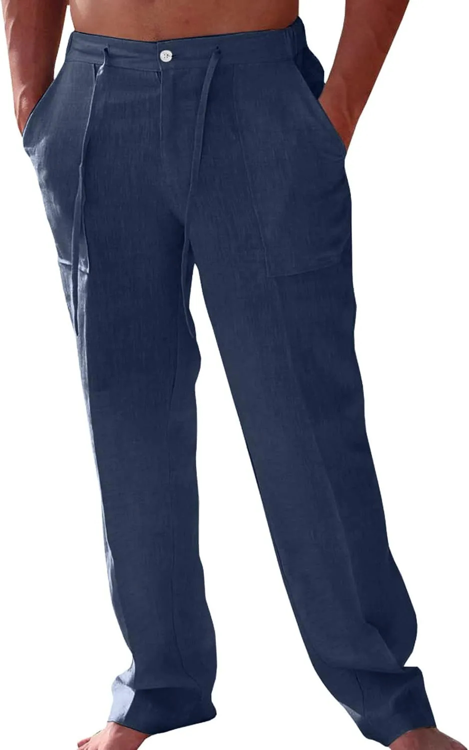 Casual Mens Linen Pants Lightweight Elastic Waist Straight-Legs Yoga Beach Trousers Classic Fit Bottom