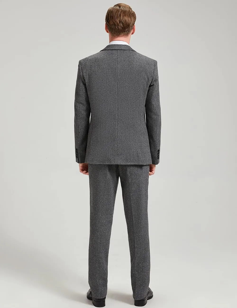 Classic Men's Regular Fit 3 Piece British Tweed Woven Suits Tuxedos Blazer Vest Pants for Wedding