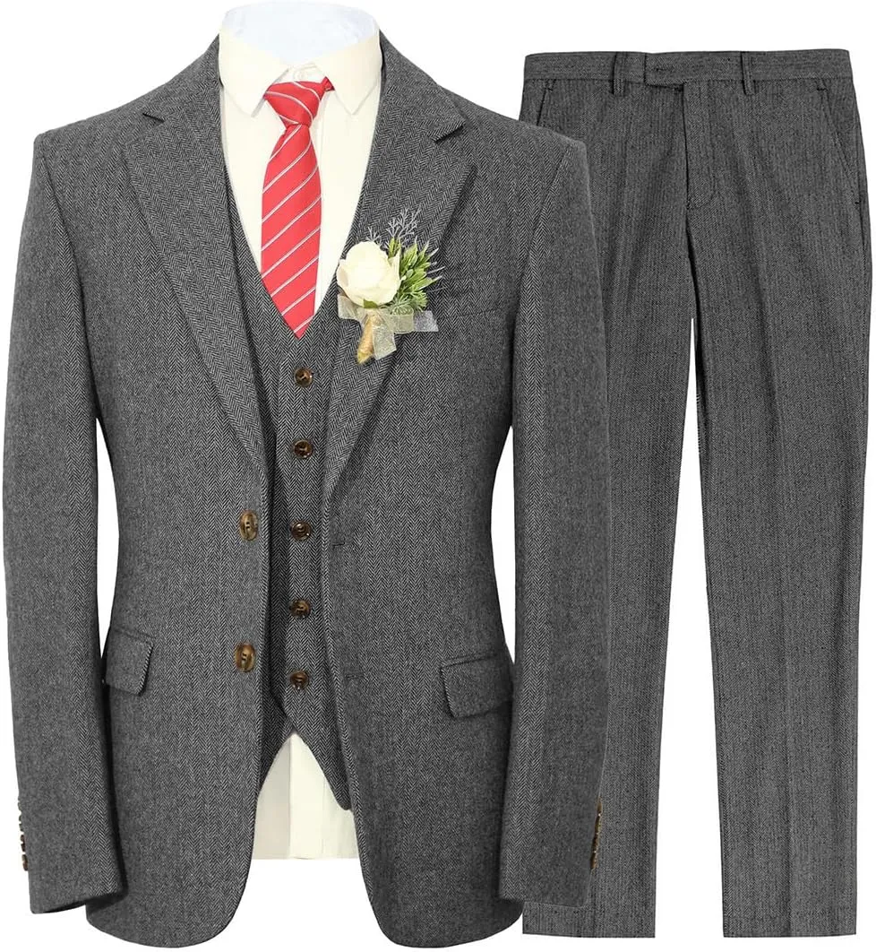 Classic Men's Regular Fit 3 Piece British Tweed Woven Suits Tuxedos Blazer Vest Pants for Wedding