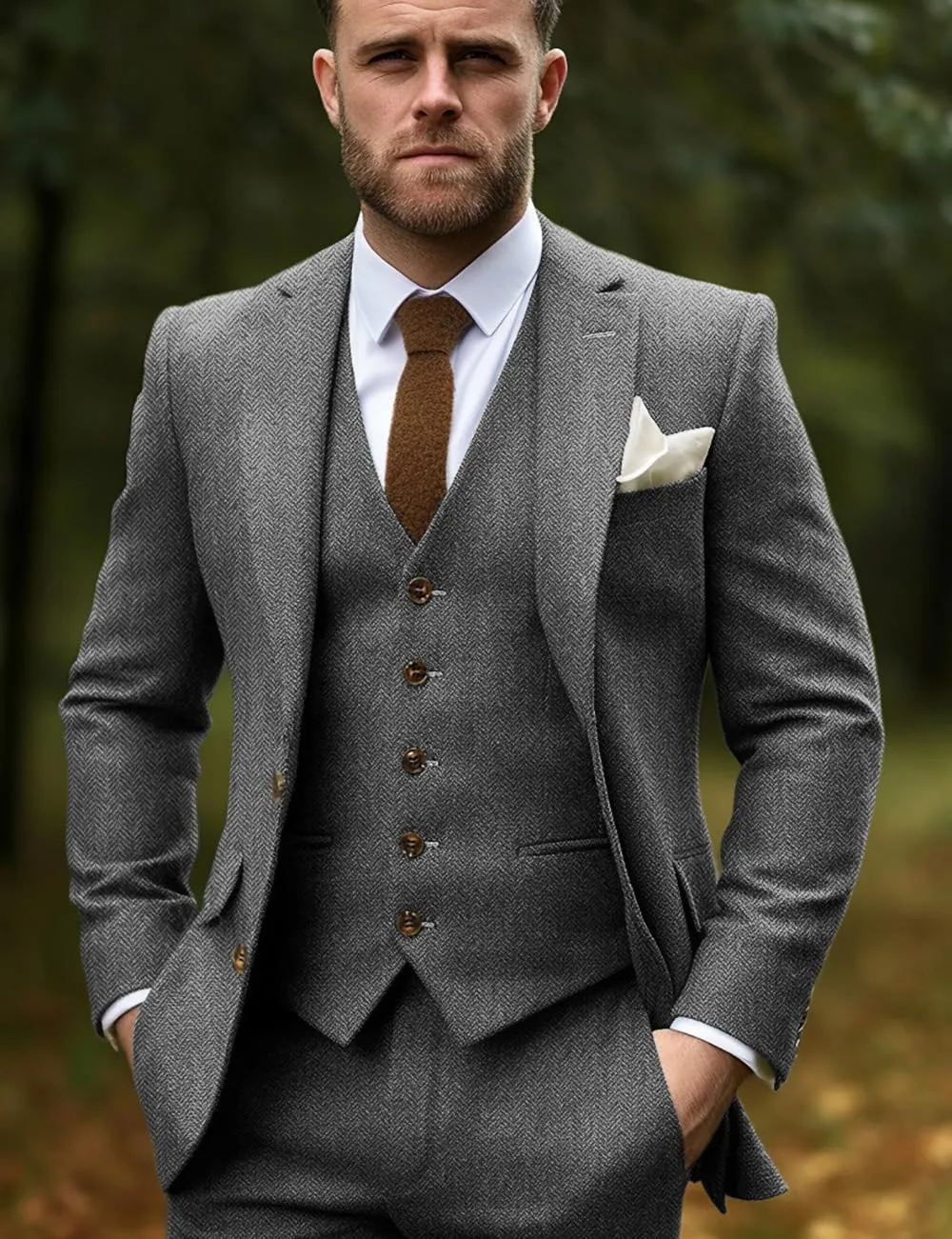 Classic Men's Regular Fit 3 Piece British Tweed Woven Suits Tuxedos Blazer Vest Pants for Wedding
