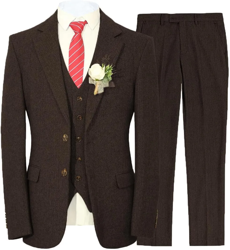 Classic Men's Regular Fit 3 Piece British Tweed Woven Suits Tuxedos Blazer Vest Pants for Wedding
