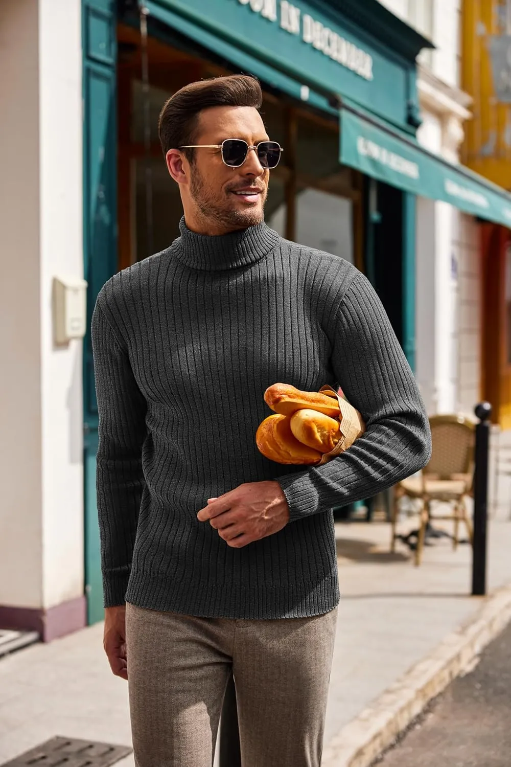 COOFANDY Men's Slim Fit Turtleneck Sweater Casual Pullover Sweater Lightweight Ribbed Sweater