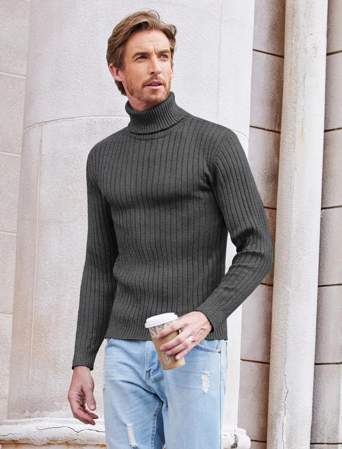 COOFANDY Men's Slim Fit Turtleneck Sweater Casual Pullover Sweater Lightweight Ribbed Sweater