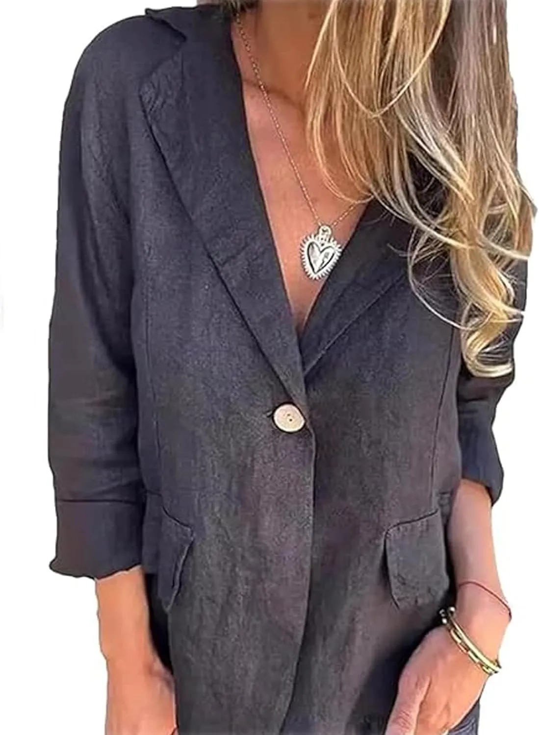 Cotton and Linen Casual Lapel Single-Button Thin Coat, Women's Minimalist Solid Button Lapel Collar Blazer