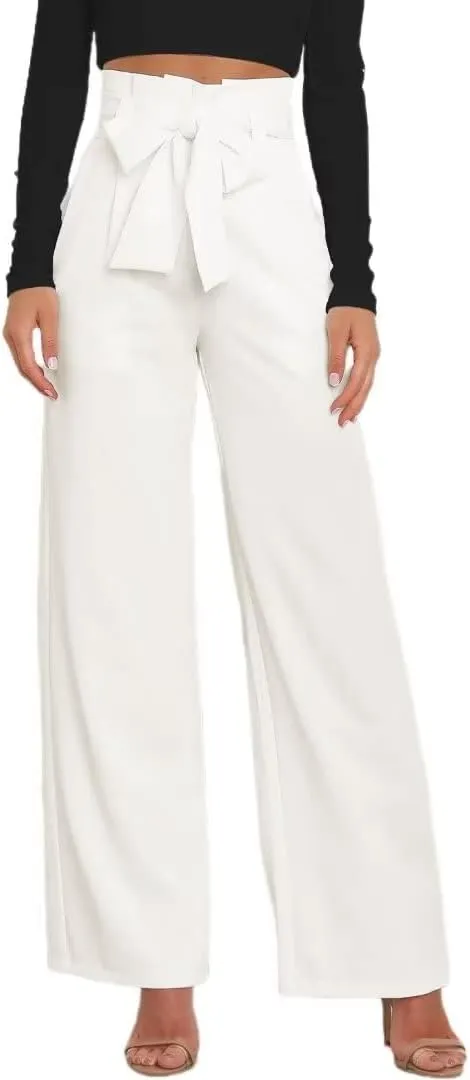 Dress Pants Women,Wide Leg Pants for Women,Smocked Waist Pants with Belt,Loose Straight Leg Flatting Pants