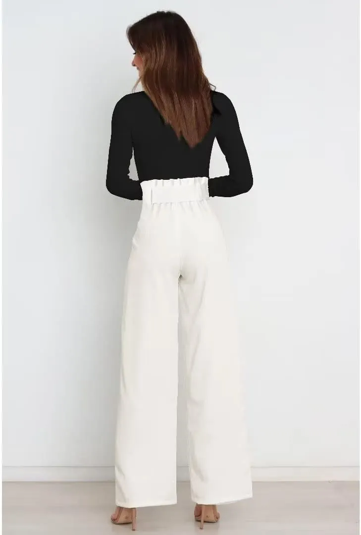 Dress Pants Women,Wide Leg Pants for Women,Smocked Waist Pants with Belt,Loose Straight Leg Flatting Pants