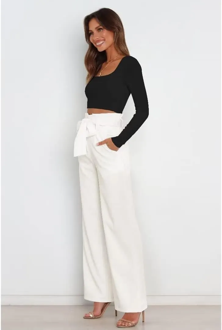 Dress Pants Women,Wide Leg Pants for Women,Smocked Waist Pants with Belt,Loose Straight Leg Flatting Pants