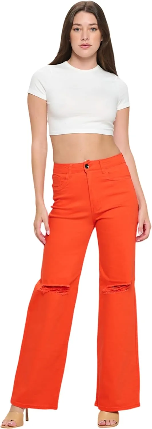 FASHION-LAND High Waisted-Rise Colored Jeans Ripped Destroyed Distressed Stretchy