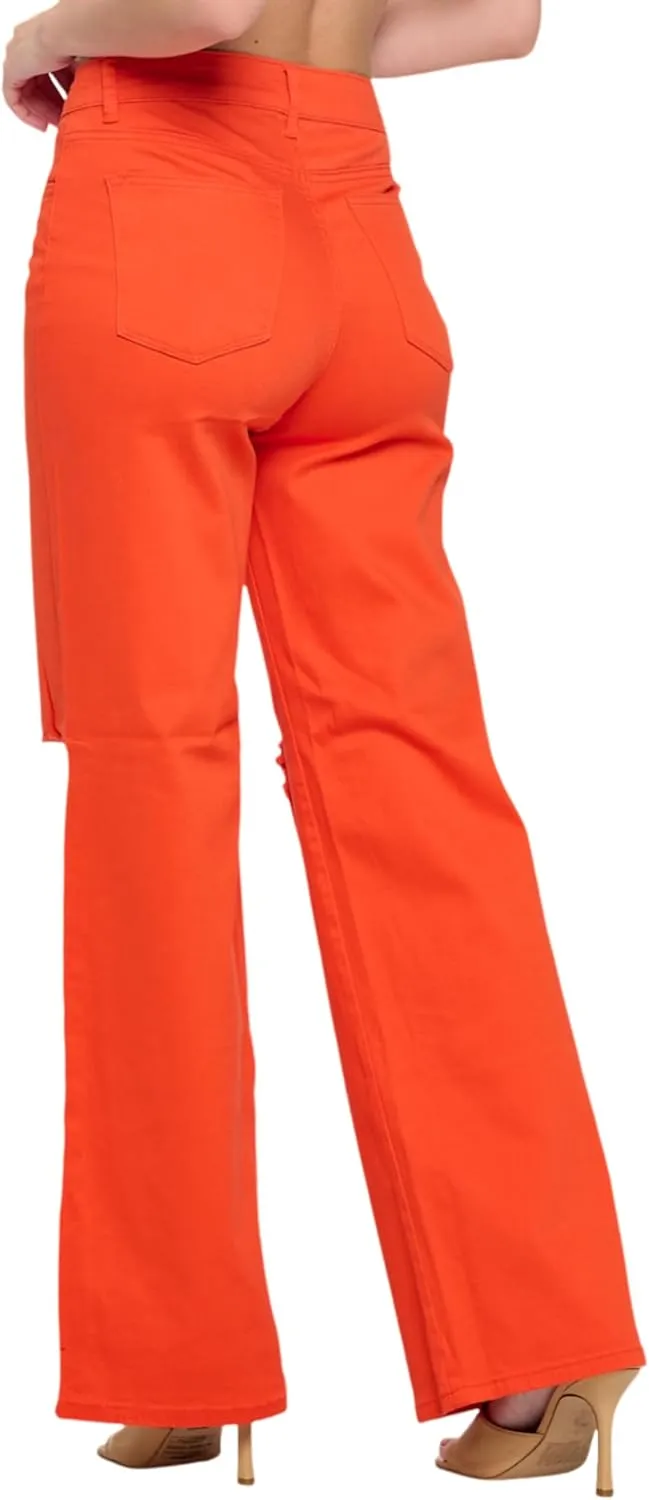 FASHION-LAND High Waisted-Rise Colored Jeans Ripped Destroyed Distressed Stretchy