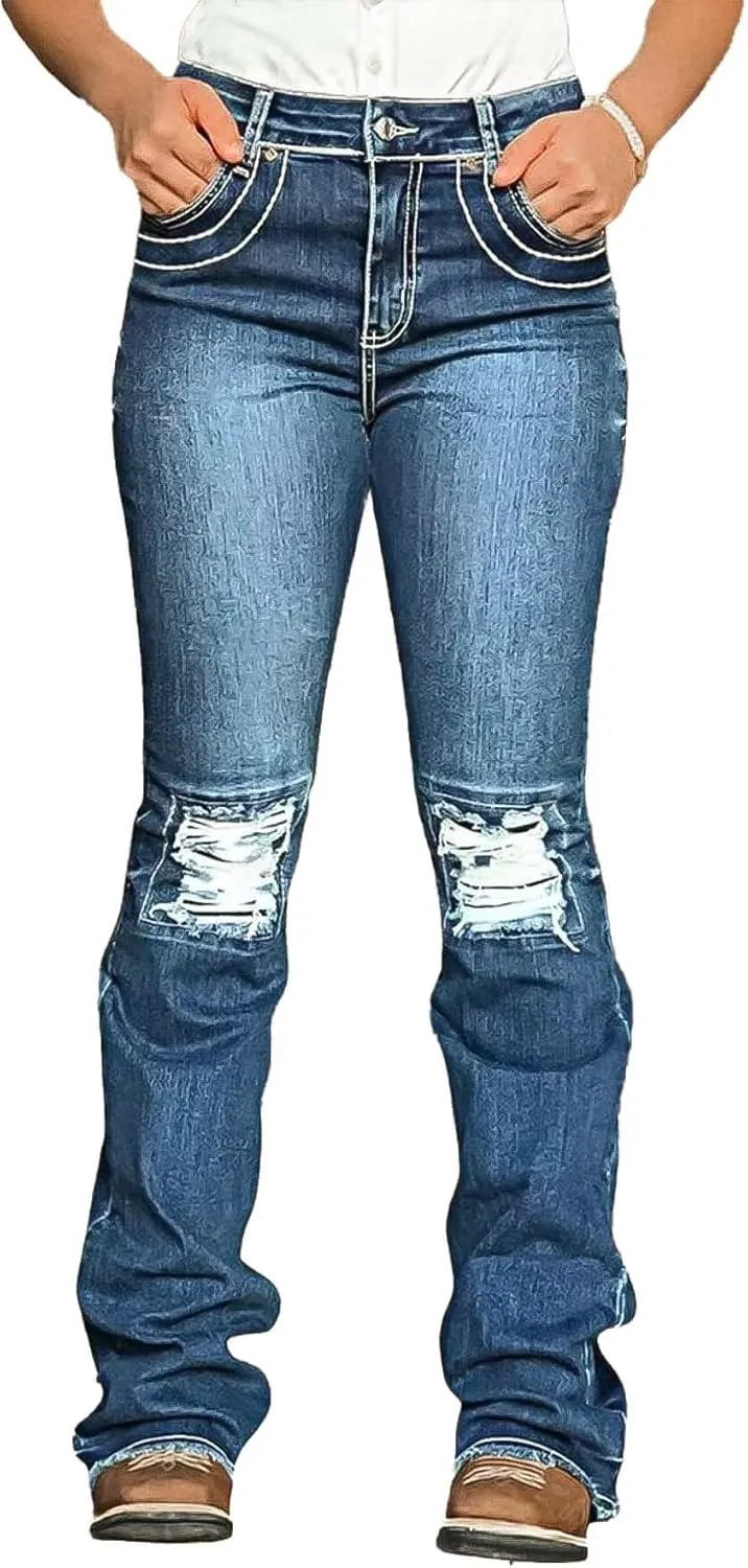 Flamingals Bootcut Jeans for Women Low Rise Stretchy Ripped Skinny Jeans Distressed Wash Western Jeans Trendy Denim Jeans