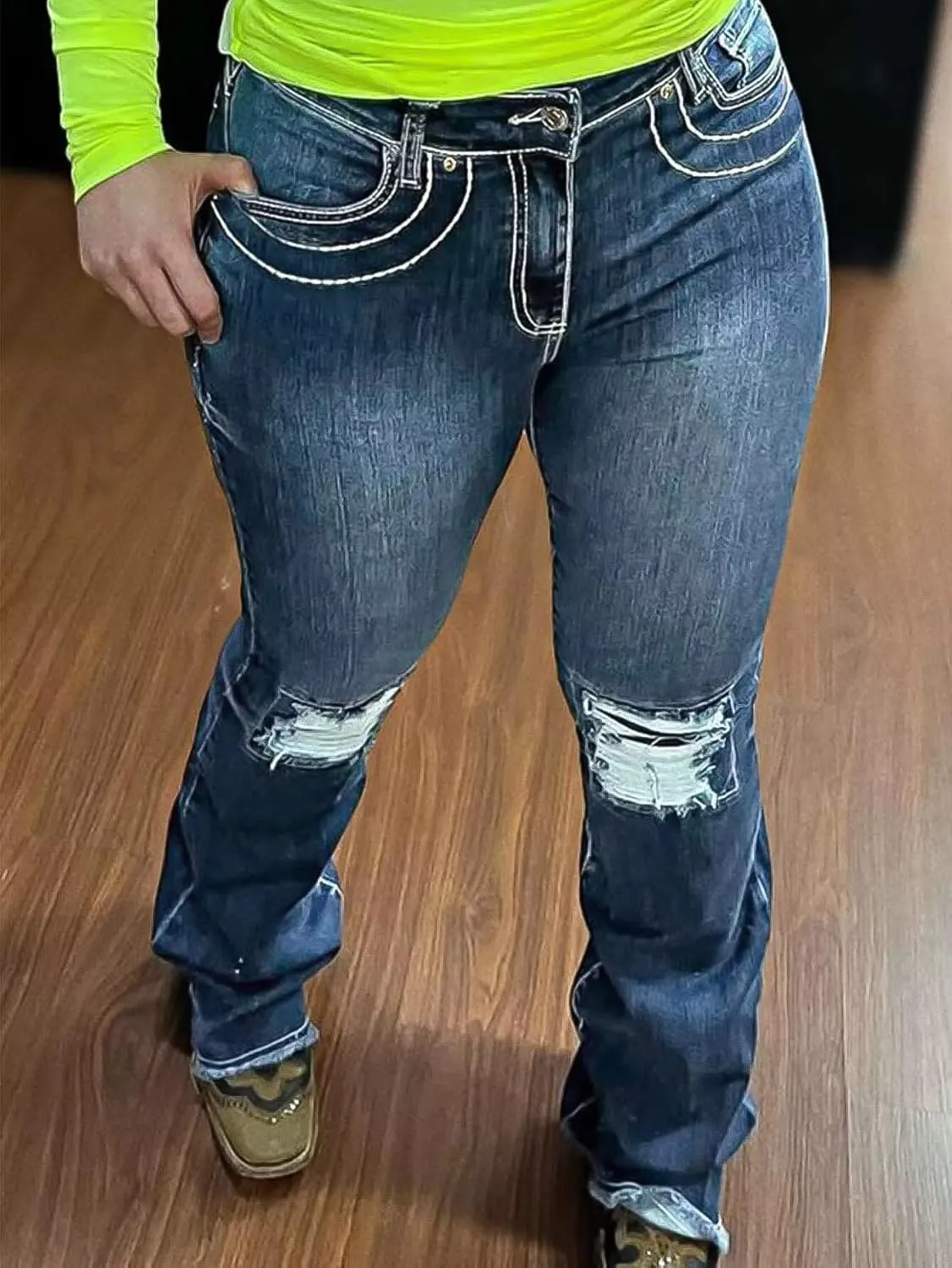 Flamingals Bootcut Jeans for Women Low Rise Stretchy Ripped Skinny Jeans Distressed Wash Western Jeans Trendy Denim Jeans