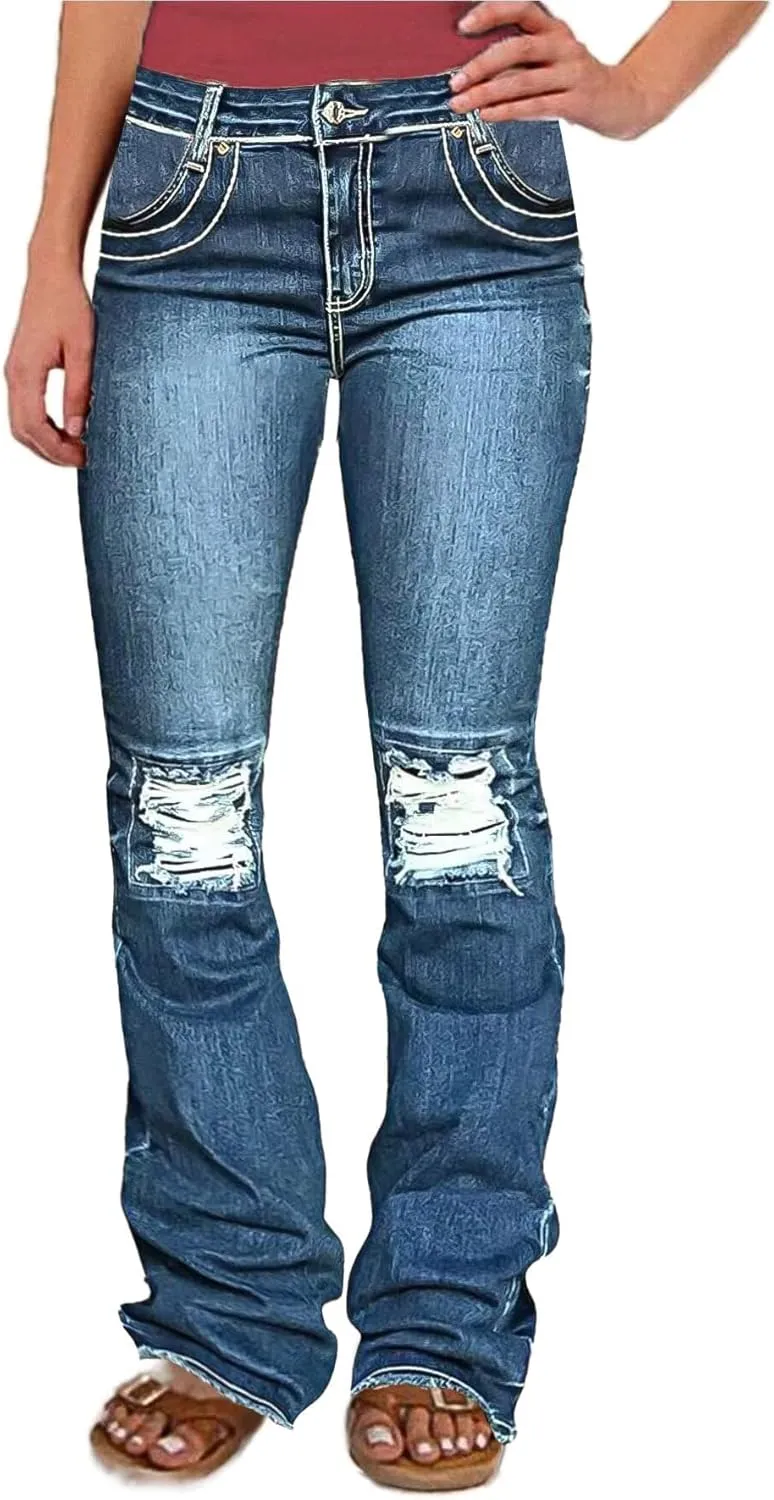 Flamingals Bootcut Jeans for Women Low Rise Stretchy Ripped Skinny Jeans Distressed Wash Western Jeans Trendy Denim Jeans