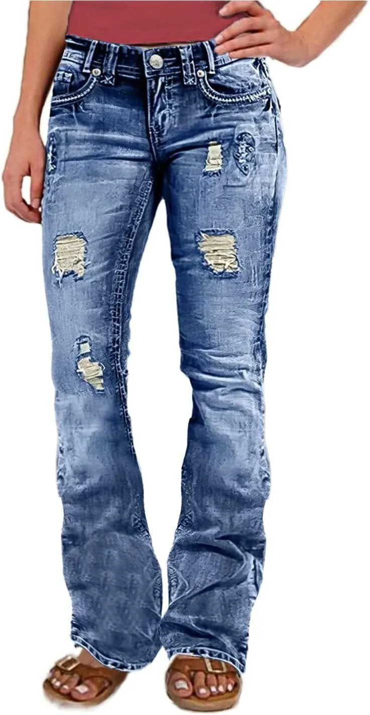 Flamingals Bootcut Jeans for Women Low Rise Stretchy Ripped Skinny Jeans Distressed Wash Western Jeans Trendy Denim Jeans