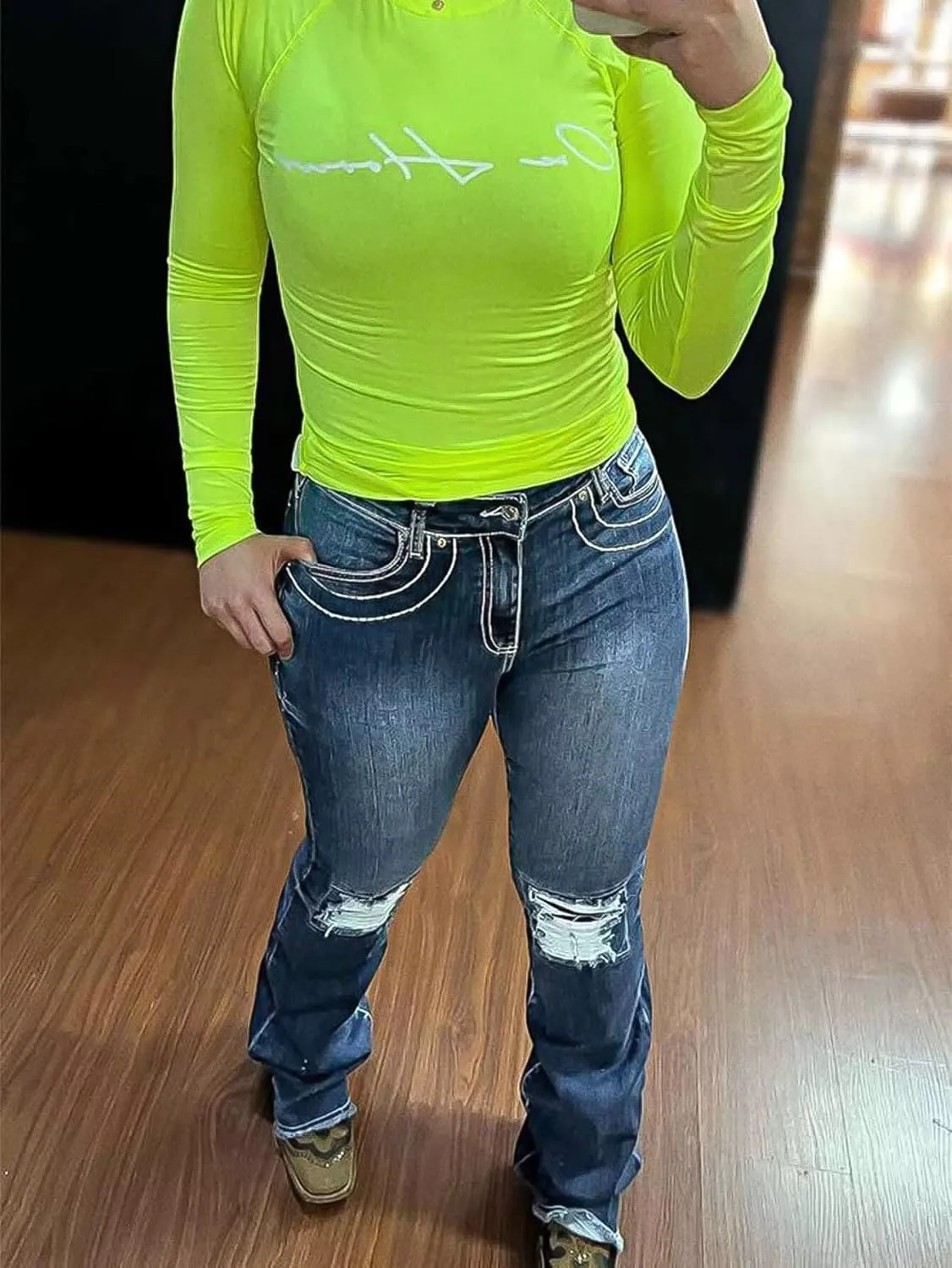 Flamingals Bootcut Jeans for Women Low Rise Stretchy Ripped Skinny Jeans Distressed Wash Western Jeans Trendy Denim Jeans
