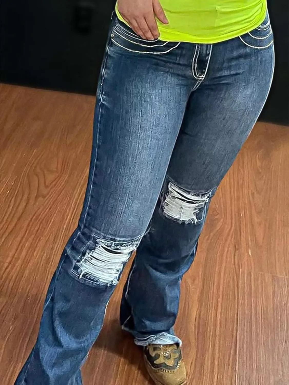 Flamingals Bootcut Jeans for Women Low Rise Stretchy Ripped Skinny Jeans Distressed Wash Western Jeans Trendy Denim Jeans