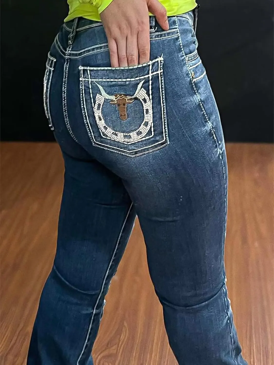 Flamingals Bootcut Jeans for Women Low Rise Stretchy Ripped Skinny Jeans Distressed Wash Western Jeans Trendy Denim Jeans