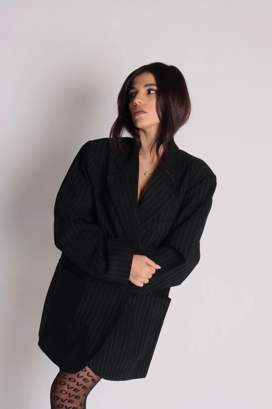 Gemini Black Pinstripe Oversized Blazer