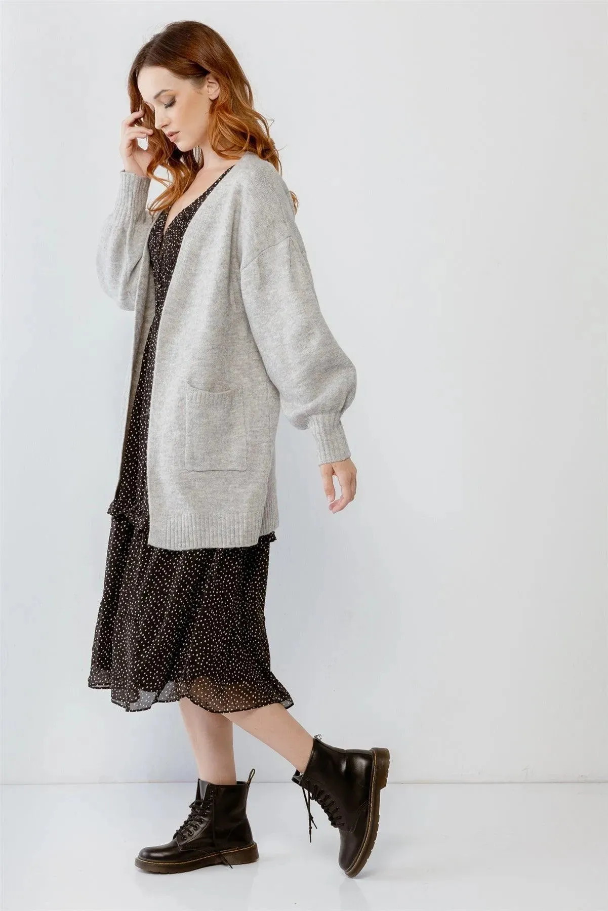 Heather Grey Knit Two Pocket Soft To Touch Open Front Cardigan /2-2-2