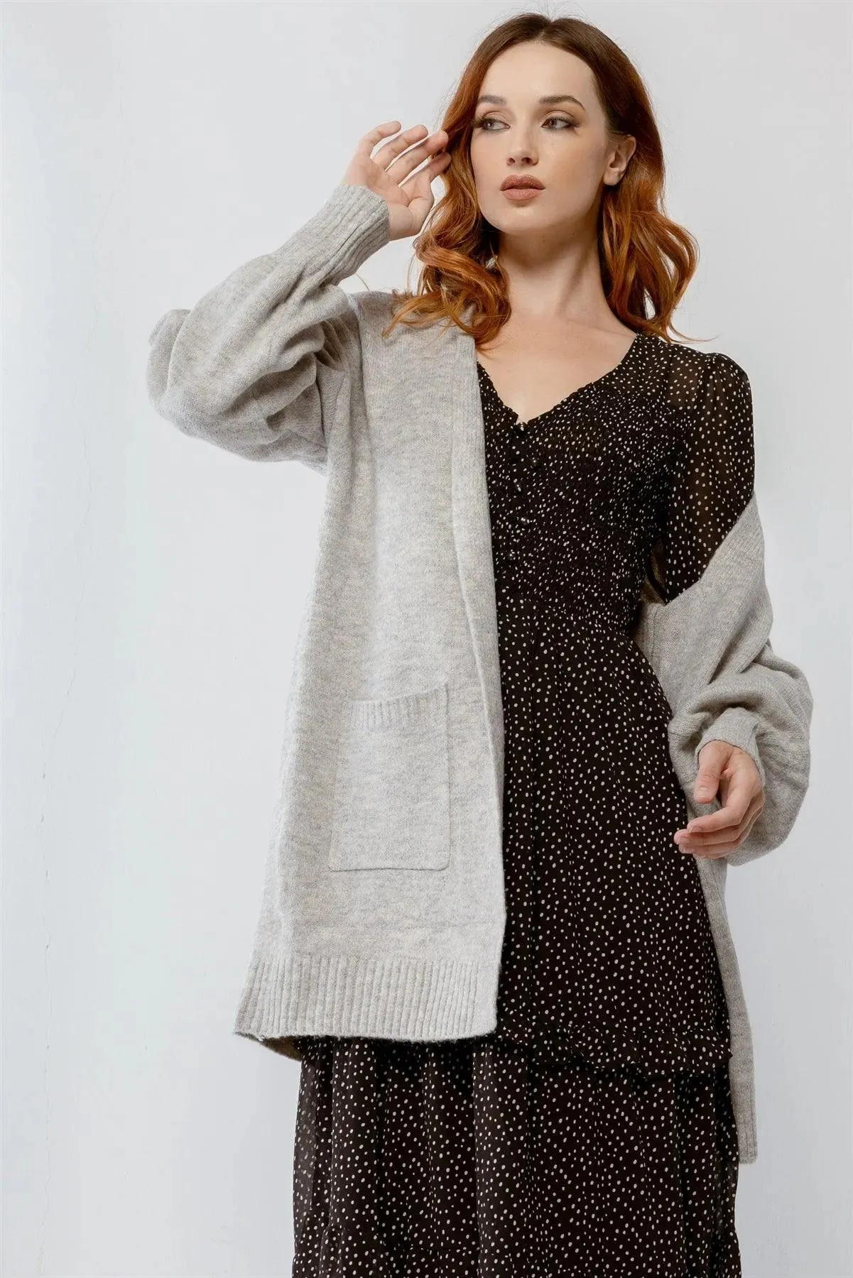 Heather Grey Knit Two Pocket Soft To Touch Open Front Cardigan /2-2-2