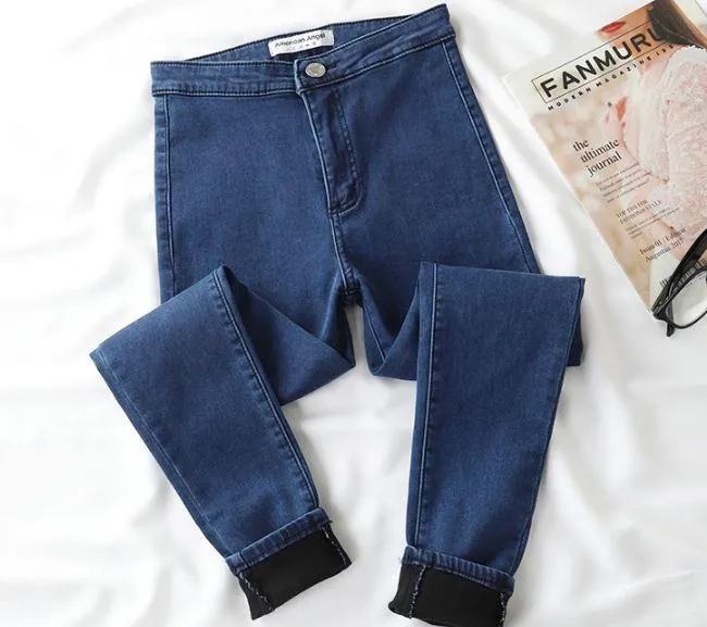 High Waist Velvet Inside Stretchy Skinny Denim Jeans