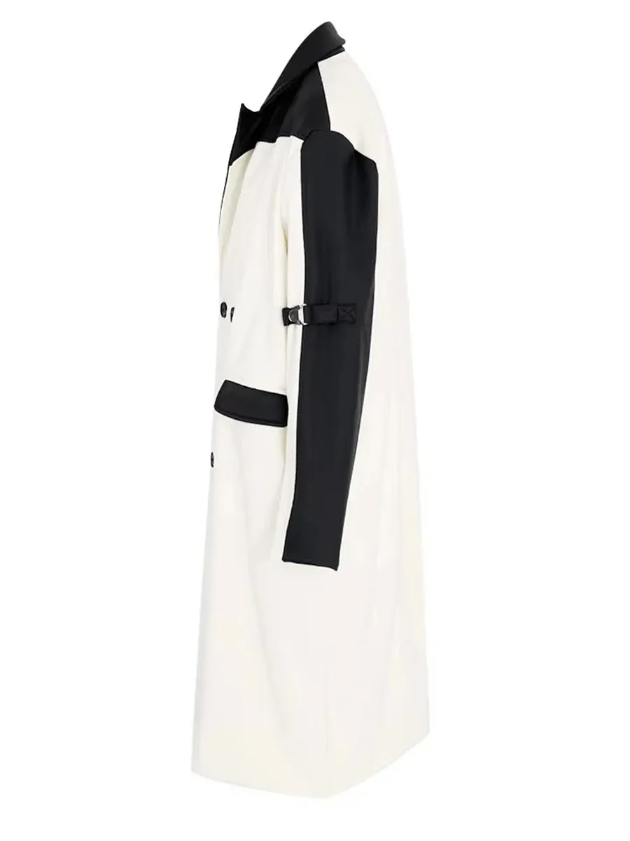 Hit Color Spliced Belt High Street Trenches For Women Lapel Long Sleeve Spliced Button Temperament Trench Female
