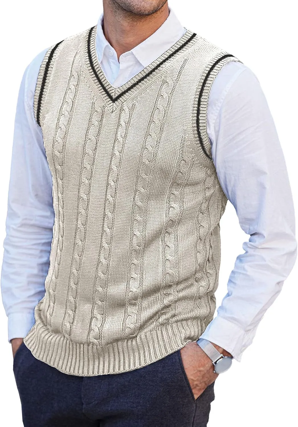 JEShifangjiusu Mens Knitwear Vest Sleeveless Casual V Neck Slim Fit Pullover Topcoat Ribbed Hem Knitted Sweater
