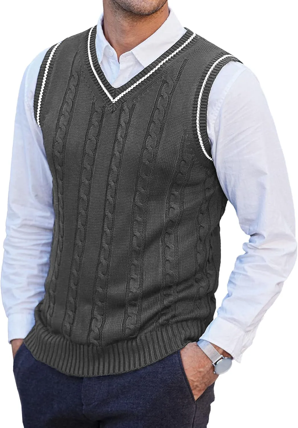 JEShifangjiusu Mens Knitwear Vest Sleeveless Casual V Neck Slim Fit Pullover Topcoat Ribbed Hem Knitted Sweater