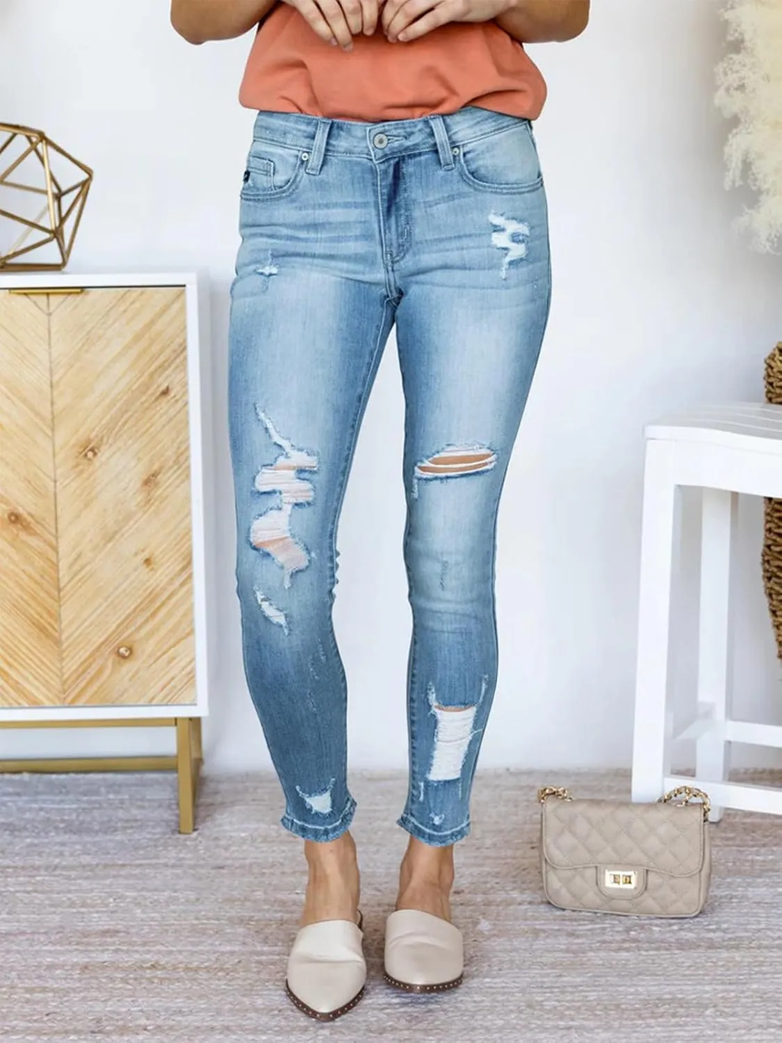 KUNMI Women's Ripped Skinny Jeans Distressed Stretchy Denim Pants