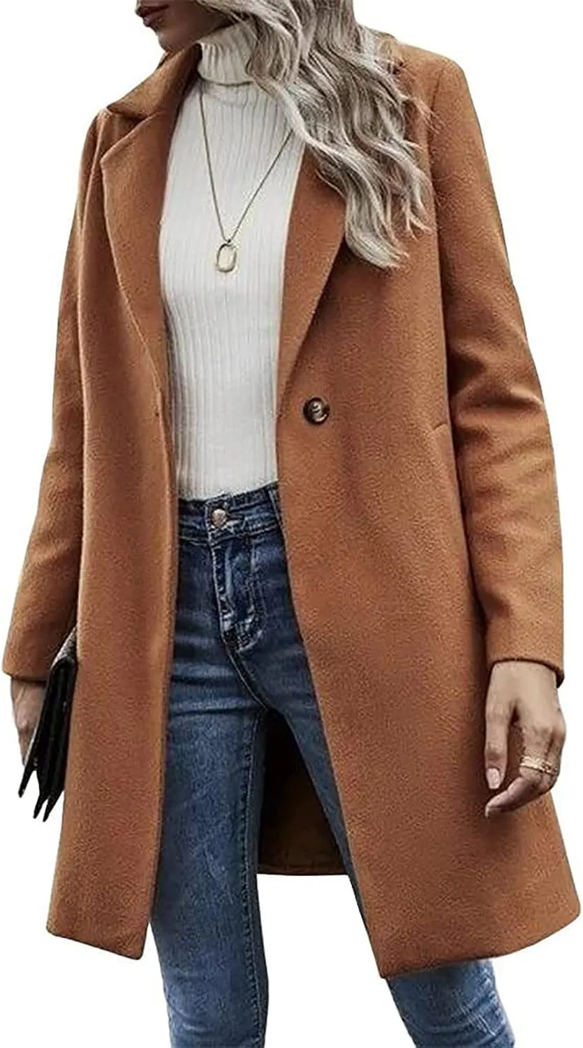 Lastesso Women's Solid Long Sleeve Trench Coat Open Front Loose Fit Cardigans Plaid Lapel Notched Collar Outerwear Comfy Coat