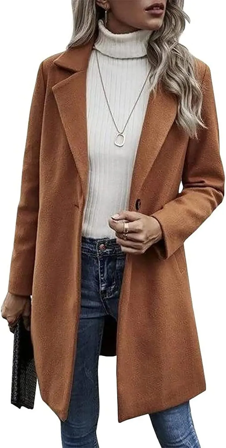 Lastesso Women's Solid Long Sleeve Trench Coat Open Front Loose Fit Cardigans Plaid Lapel Notched Collar Outerwear Comfy Coat