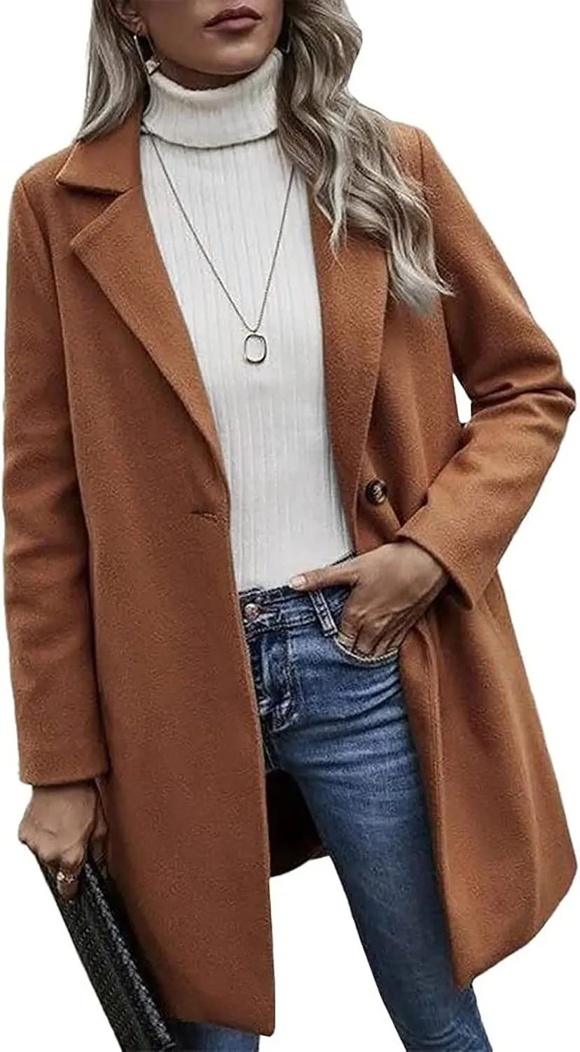 Lastesso Women's Solid Long Sleeve Trench Coat Open Front Loose Fit Cardigans Plaid Lapel Notched Collar Outerwear Comfy Coat