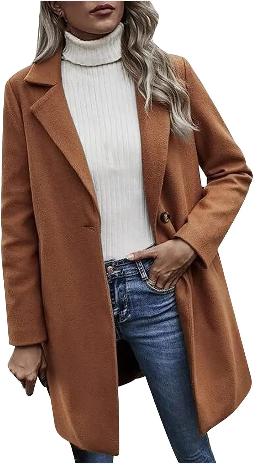 Lastesso Women's Solid Long Sleeve Trench Coat Open Front Loose Fit Cardigans Plaid Lapel Notched Collar Outerwear Comfy Coat