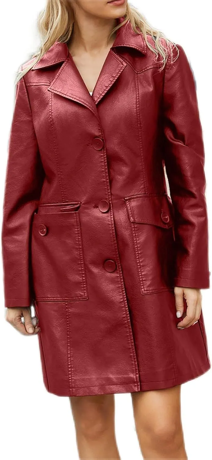 Leather Jacket for Women 2024 Winter Long Trench Coat Dressy Casual Button Down Lapel Collar Overcoats Outwear