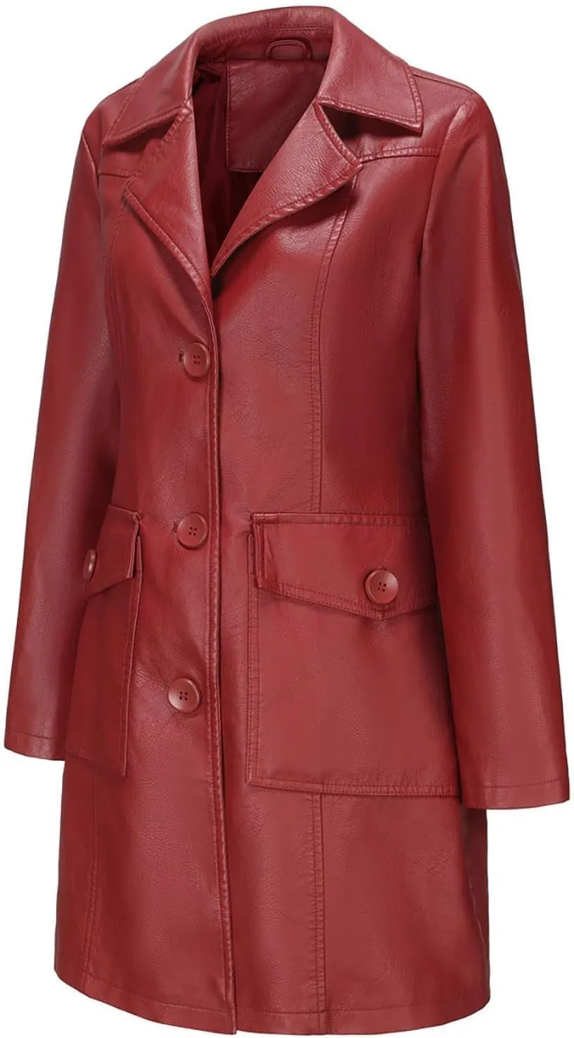 Leather Jacket for Women 2024 Winter Long Trench Coat Dressy Casual Button Down Lapel Collar Overcoats Outwear
