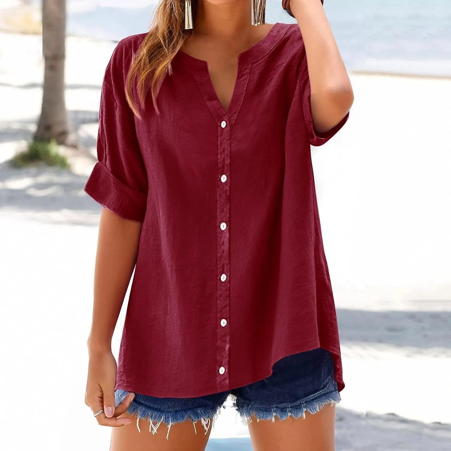 Linen Shirts for Women Short Sleeve Button Down Tops Loose Fit Dressy Trendy Tunic Tops Cute Casual Summer Outfits 2025