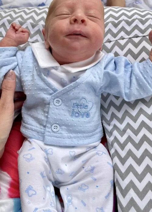 'Little Love' Blue Polkadot Cardigan Sleepsuit & Hat