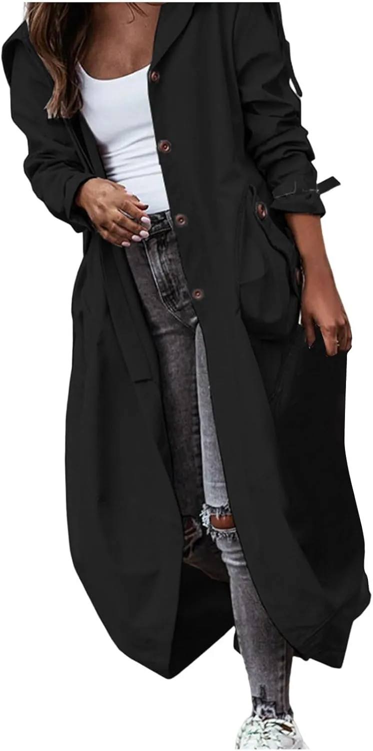 Long Trench Coat for Women Casual Single Breasted Lapel Neck Overcoat Mid Length Windbreaker Jacket 2024 Fall Coats
