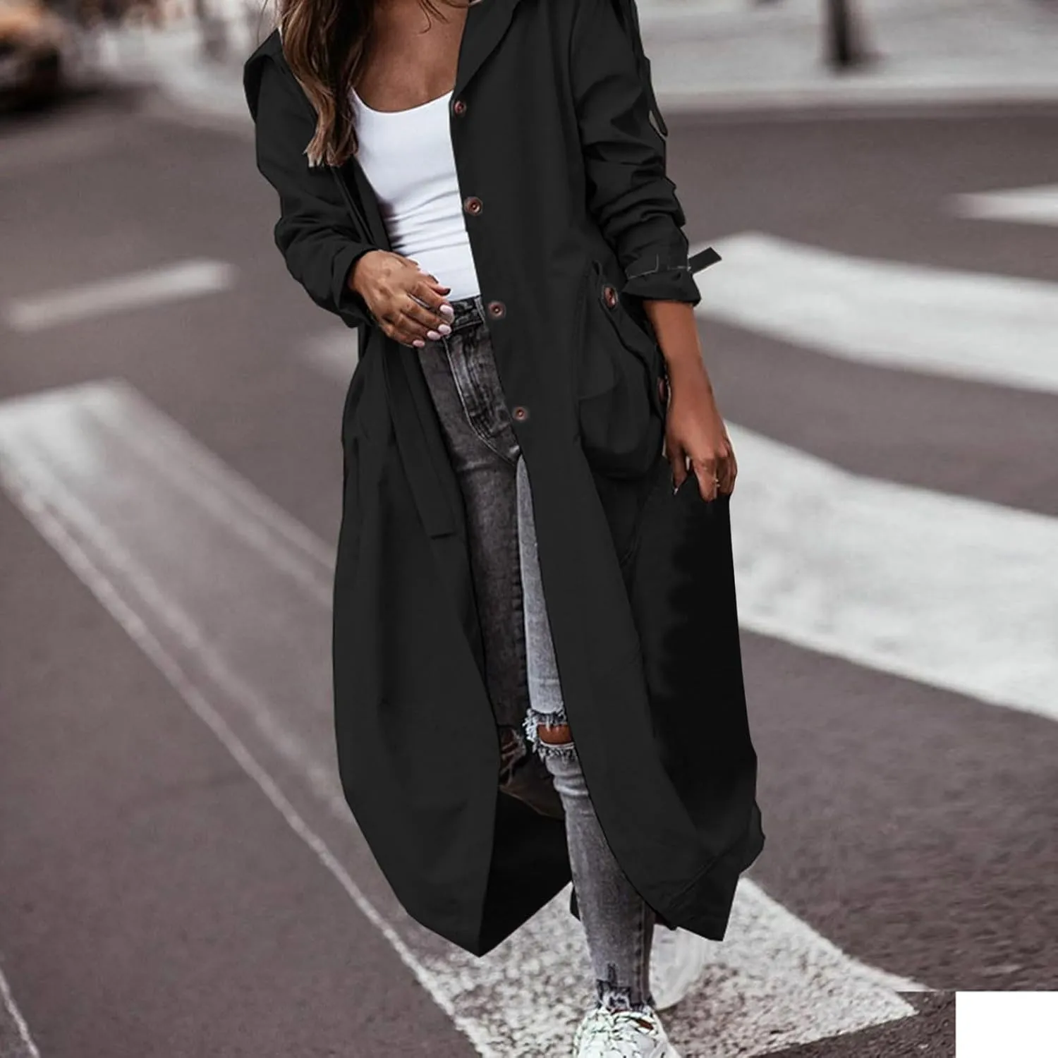 Long Trench Coat for Women Casual Single Breasted Lapel Neck Overcoat Mid Length Windbreaker Jacket 2024 Fall Coats