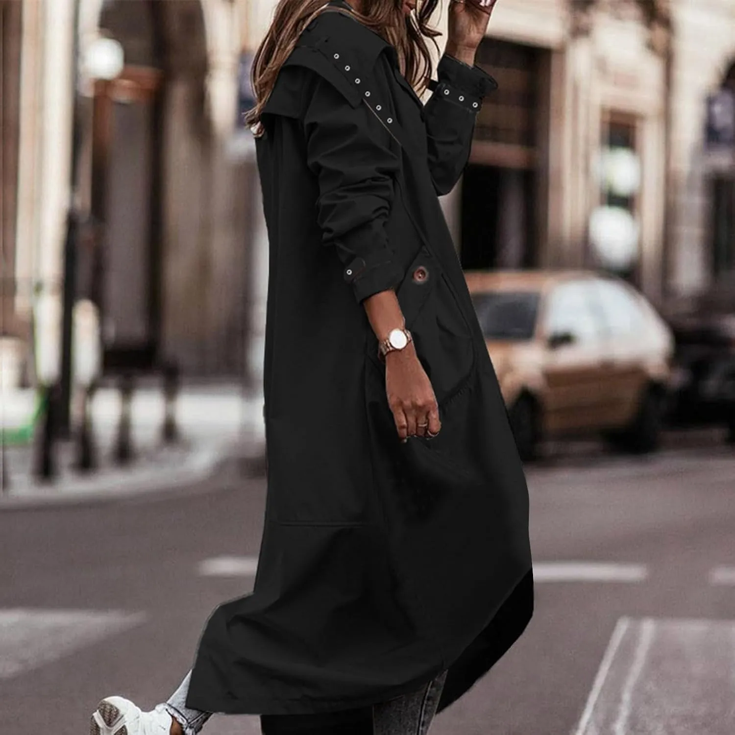 Long Trench Coat for Women Casual Single Breasted Lapel Neck Overcoat Mid Length Windbreaker Jacket 2024 Fall Coats
